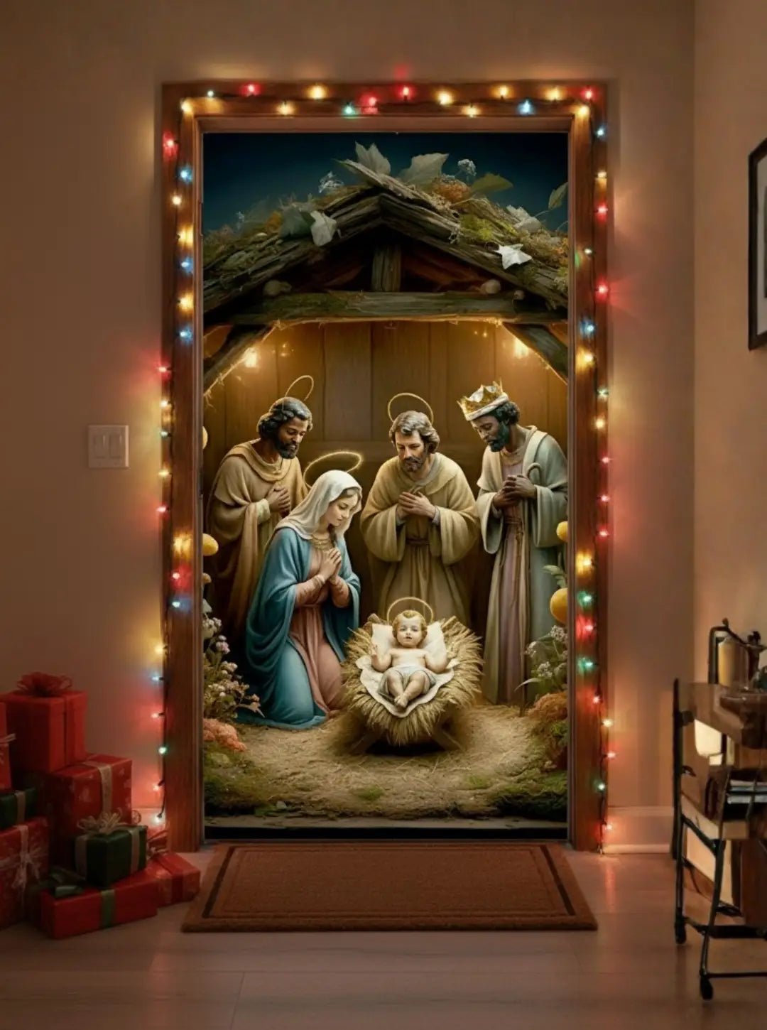Funda navideña para puerta, diseño Luz del Pesebre, 200 x 100 cm